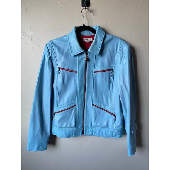 Y2K St. John Sport By Marie Gray Blue Leather Jacket w/ Red Trim Accents/Lining - Picture 7 of 16